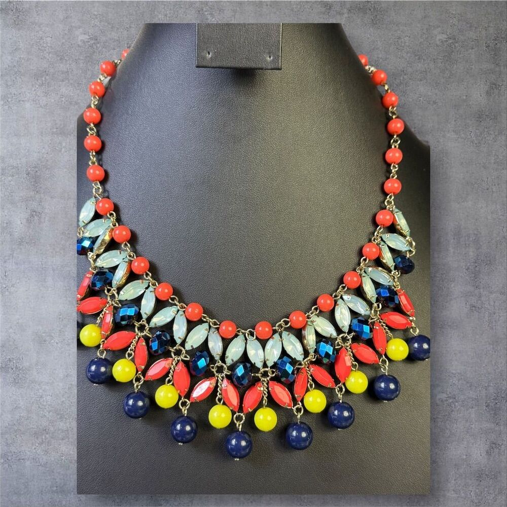 317. Multicolor Beaded Rhinestone Statement Necklace - Picture 2 of 3